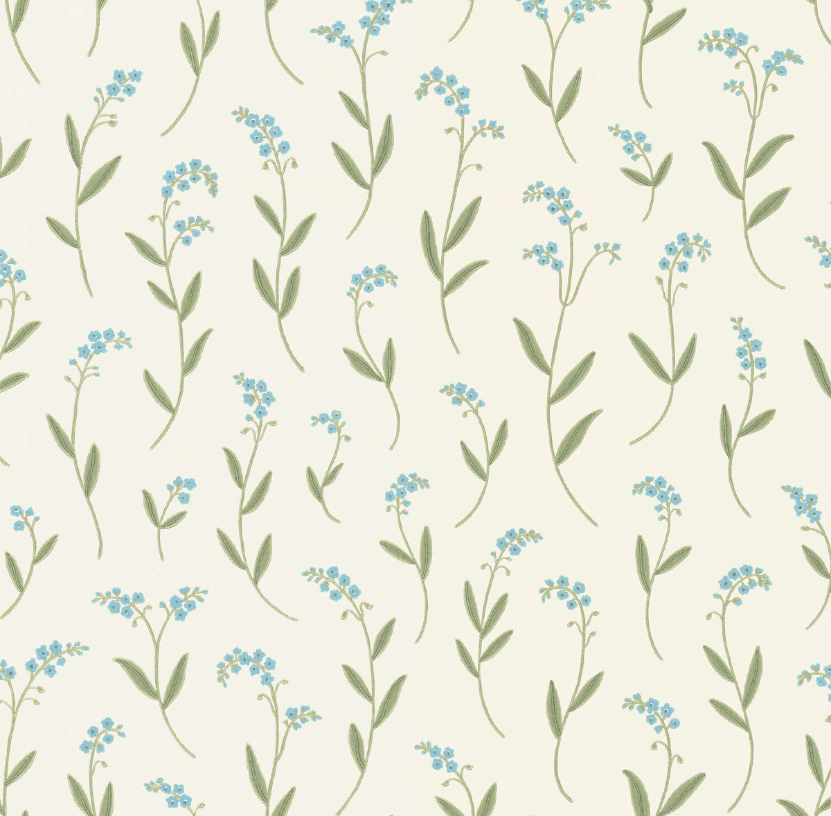 Tapetmönster Förgätmigej designad av Sandra Wall. Handmålade förgätmigej med blå blommor och gröna blad på en ljus botten, Studio Wall. Tillverkas i Ulricehamns Tapetfabrik.