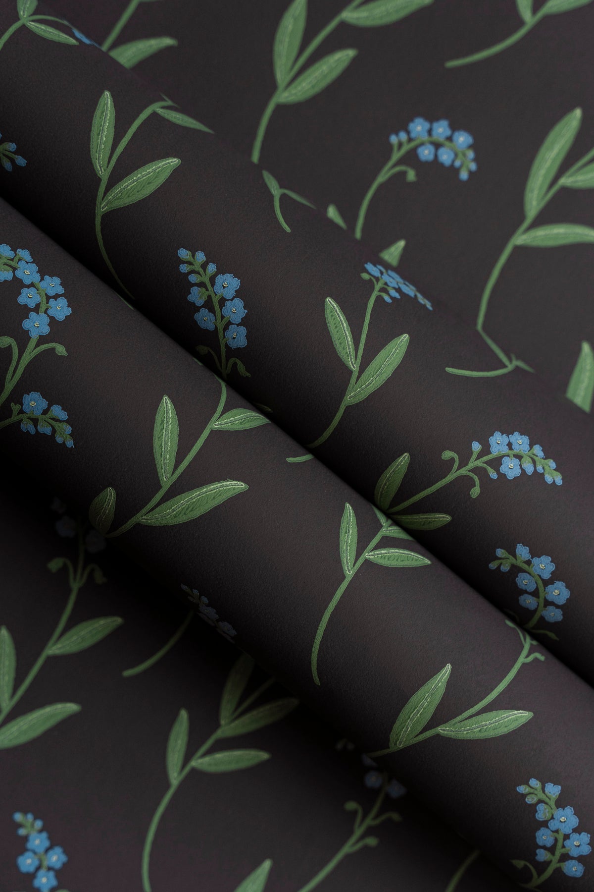 Tapetrullar Förgätmigej svart, närbild på mönster med blå blommor och gröna blad, Studio Wall